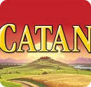 Logo gry planszowej Catan, klasycznej gry strategicznej o handlu, budowaniu i zarządzaniu zasobami.